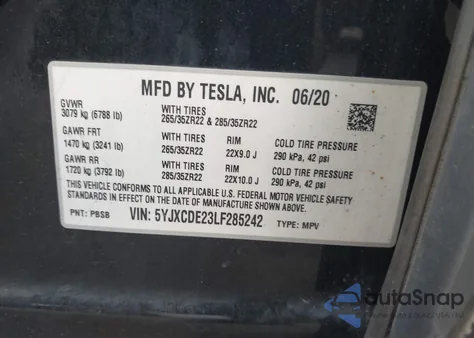 2020 Tesla Model X Long Range Dual Motor All-Wheel Drive/Long Range Plus Dual Motor All-Wheel Drive z USA, uszkodzony, nr VIN 5YJXCDE23LF285242
